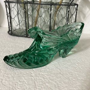 Vintage Marked Fenton Cats Head Glass Slipper Shoe Green